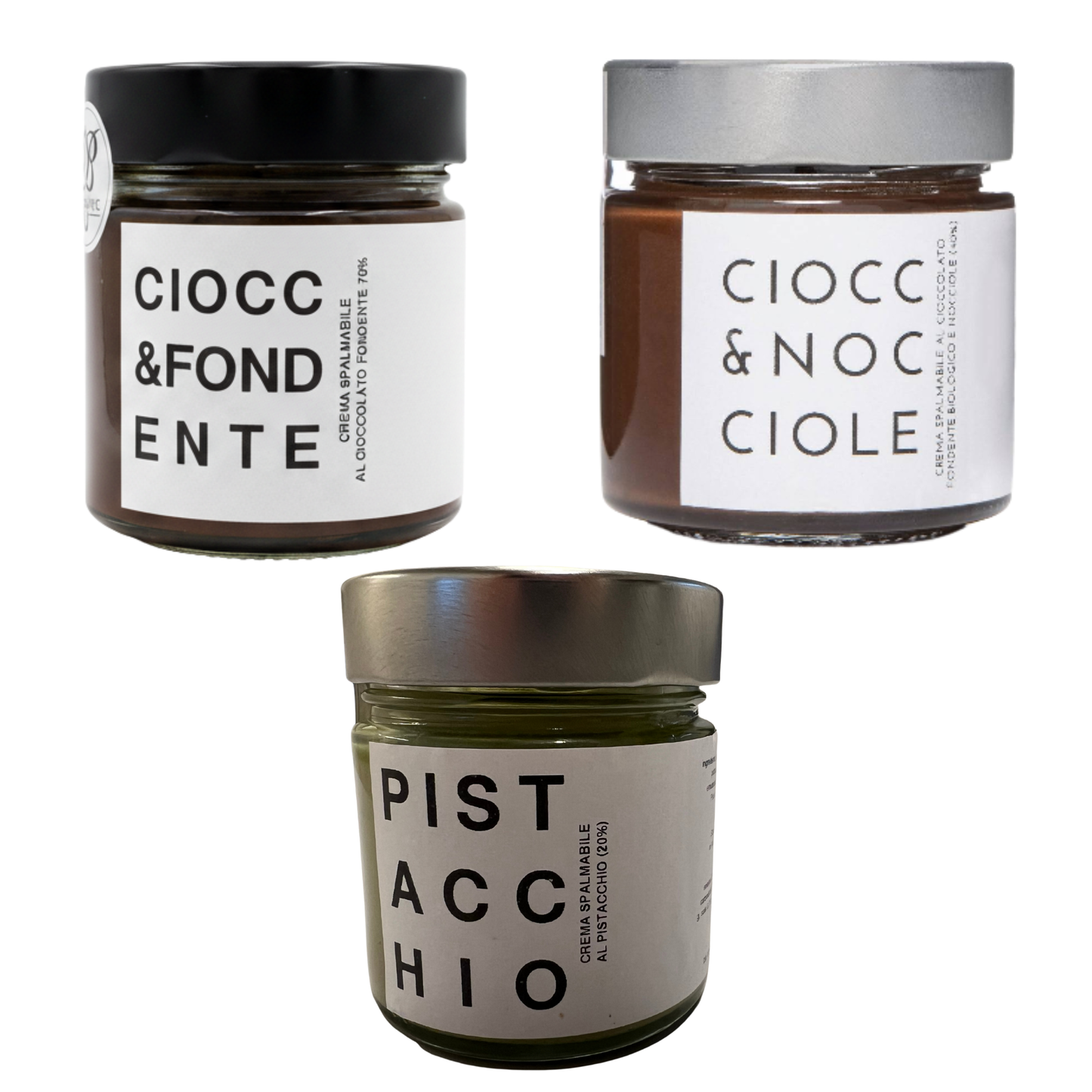 Tris di Creme Spalmabili Artigianali - Nocciola, Fondente e Pistacchio