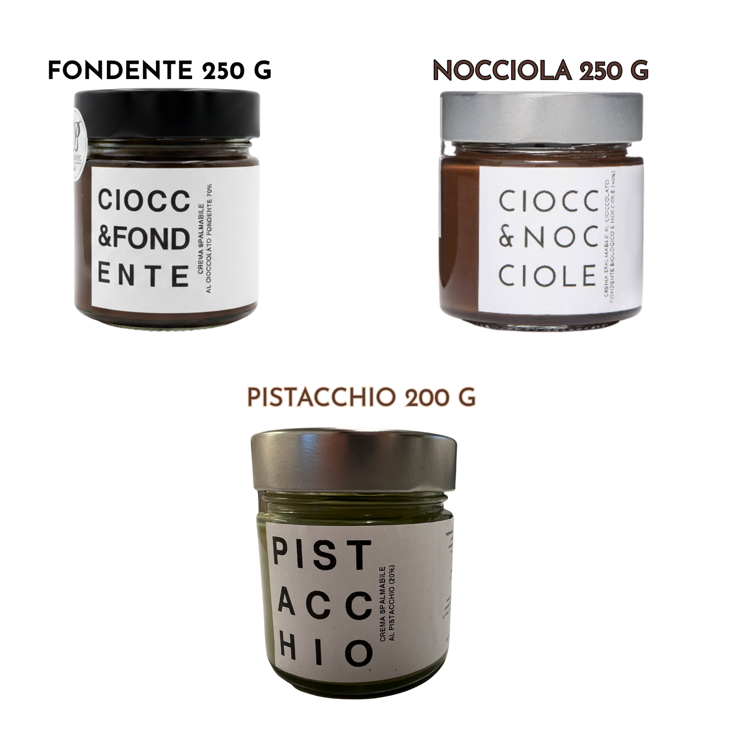 Tris di Creme Spalmabili Artigianali - Nocciola, Fondente e Pistacchio