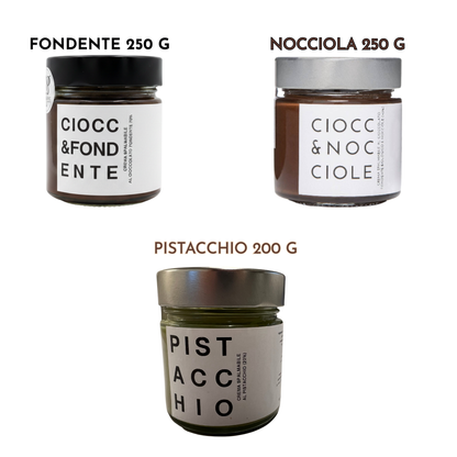Tris di Creme Spalmabili Artigianali - Nocciola, Fondente e Pistacchio