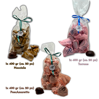 Praline Artigianali - Nocciola Vegana, PescAmaretto e Torrone - Box Convenienza